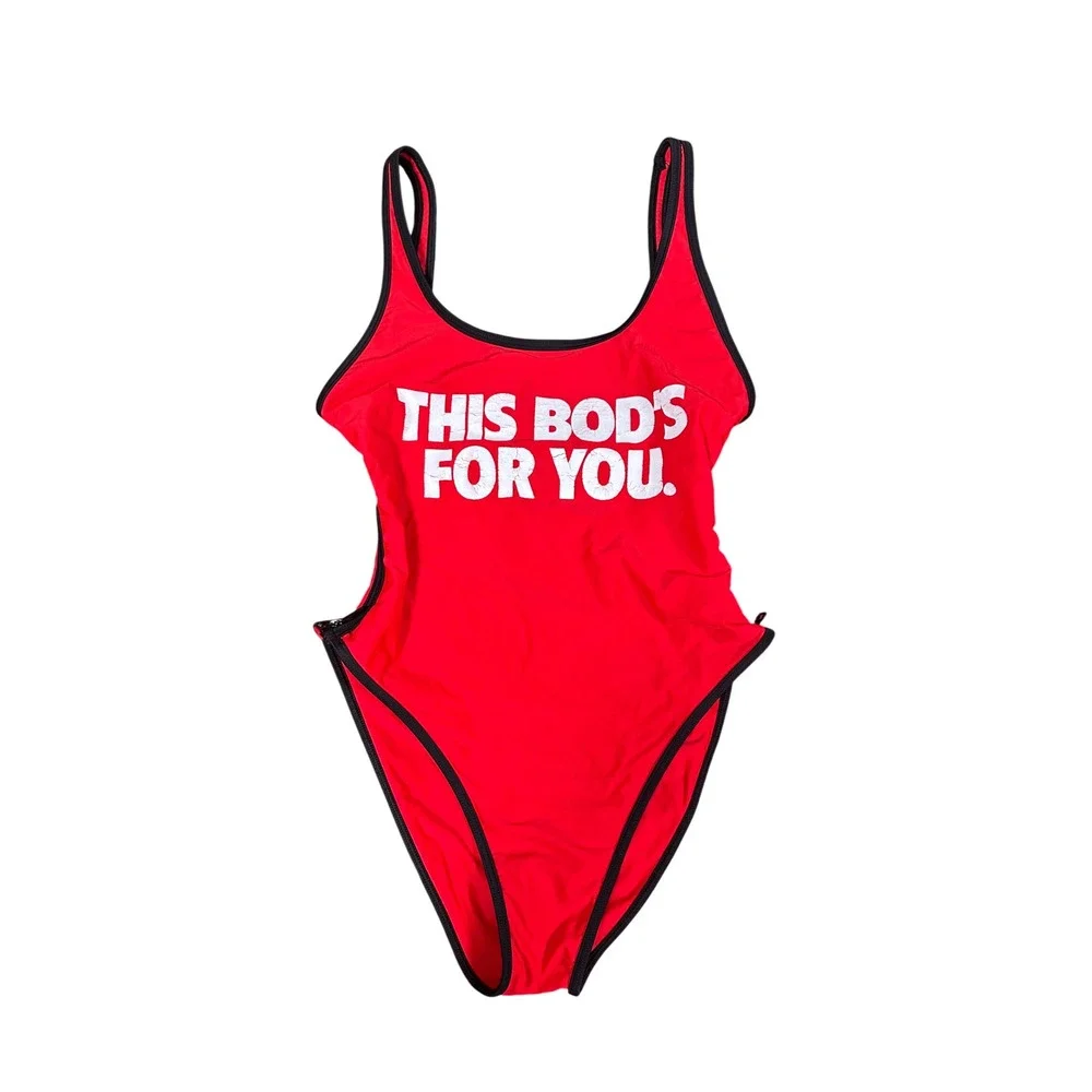 Wildfox This Bod's For You One Piece Swimsuit S Red Zip Side Graphic Rare‎
